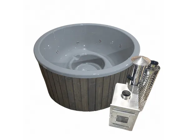 LUX IN 6 személyes KÜLSŐ KÁLYHÁS PRÉMIUM AKRIL dézsafürdő szürke, kék vagy fehér akril betéttel